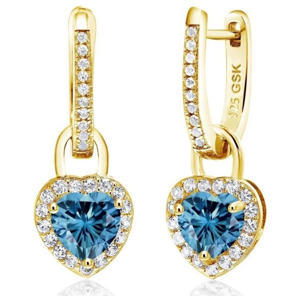 18K Yellow Gold 925 2.10Cttw Persian Blue Moissanite and Sapphire Heart Earrings - Picture 1 of 4